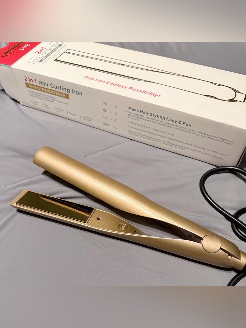 2-in-1 Hair Curling & Straightening Iron - Gold